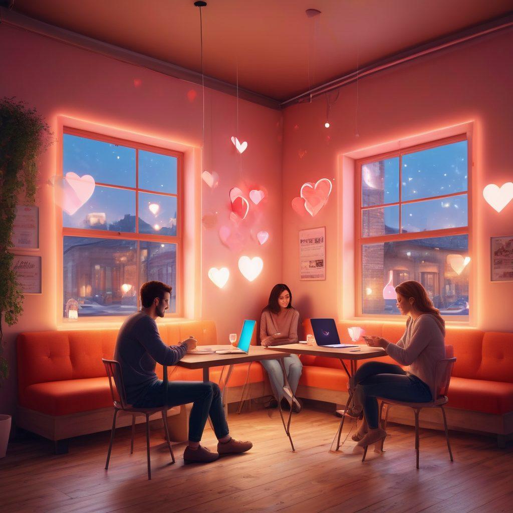 A cozy digital café setting, with a couple engaged in deep conversation, surrounded by glowing hearts and chat bubbles. Soft lighting enhances the warm atmosphere, while laptops and smartphones showcase various online courtship activities. The scene conveys a sense of intimacy and connection through dialogue. vibrant colors. digital illustration. warm tones.