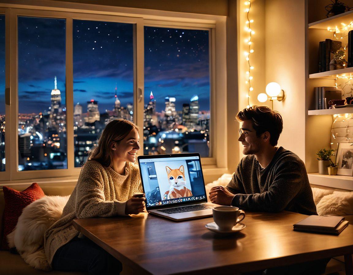 A cozy, intimate scene of two people engaged in a video call, their homes softly illuminated by fairy lights. A digital heart emoji floats between them, symbolizing connection, set against a serene backdrop of a cityscape at night. The scene blends technology with warmth, showcasing elements like a laptop, coffee mugs, and a cat lounging nearby. Illustrate emotions of love and companionship in a modern setting. vibrant colors. super-realistic.